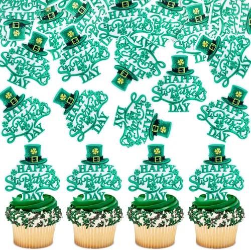 Vista 12 de Juego de 1 palillos para tartas de trébol, decoración de trébol con purpurina verde dorada para cumpleaños, baby shower, suministros de fiesta