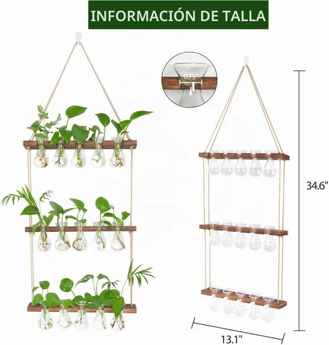 Vista 2 de XXXFLOWER Wall Hanging Propagation Station 5 Bulb Vase 3 Tiers Brown Transparente