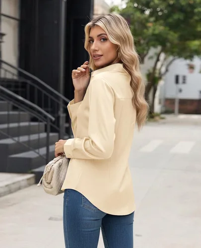 Vista 3 de Gleeivy Camisa con botones para mujer, solapa con botones ocultos, ligera, transpirable, resistente a las manchas, manga larga, trabajo e informal