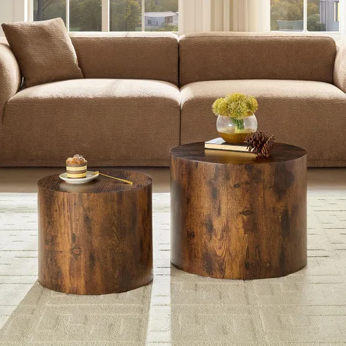 Vista 17 de Juego de 2 mesas de centro anidadas, modernas mesas de centro redondas de madera, mesa auxiliar decorativa para espacios pequeños, sala de estar