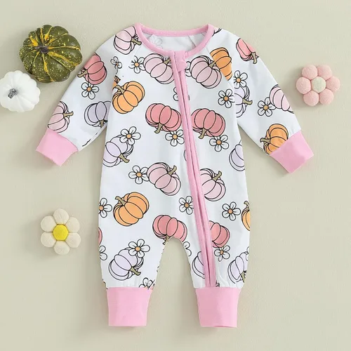 Vista 2 de OikMombiu My First Halloween - Mameluco de manga larga con cremallera para bebé, niña y niño, mono de una pieza con diseño de calabaza y fantasma