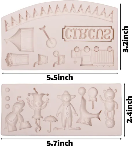 Vista 2 de Moldes de silicona para fondant de circo, 2 unidades, moldes de chocolate de elefante payaso, molde de cocina para hornear para decoración