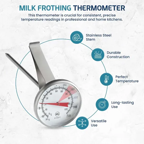 Vista 5 de OCS Parts Termómetro de espuma de leche de 8 pulgadas Termómetro de 30-200 ° F con clip para café, capuchino, lattes, mocas, espuma de leche