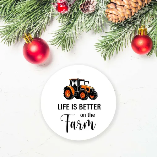 Vista 2 de Adorno de Navidad de granjero, Tractor Life is Better at The Farm, decoración de fiesta, decoración colgante de árbol de Navidad para marido