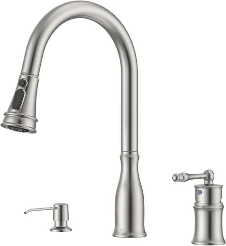 Vista 10 de APPASO - Grifo de cocina de 3 agujeros con mango lateral separado, color dorado cepillado Single Handle High Arc Kitchen Faucets with 3-Mode Pull
