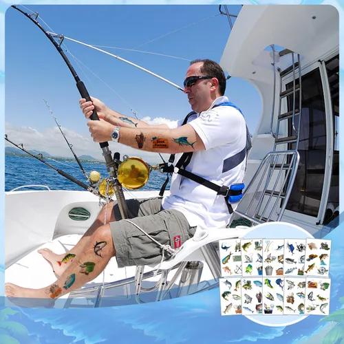 Vista 6 de 20 hojas (120 piezas) de tatuajes temporales de peces desaparecidos de pesca, recuerdo de fiesta para fiesta de cumpleaños, decoración de fiesta