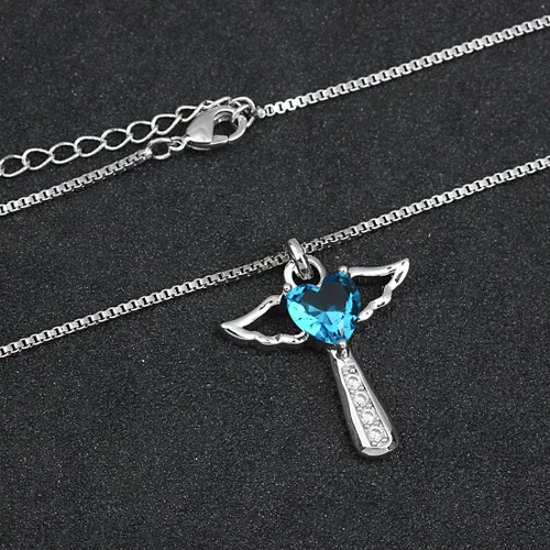Vista 7 de Ckysee Angel Birthstone Necklaces Heart Cross Necklace for Girls Kids Women Cubic Zirconia Angel Wing Birthstone Heart Charm Pendant Necklace Gifts