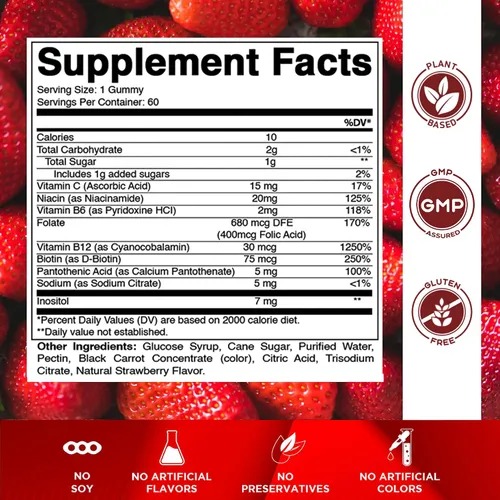 Vista 2 de Gomitas de complejo de vitamina B Vitamatic con vitamina C e inositol - Sabor natural a fresa - 60 gomitas (1 botella)