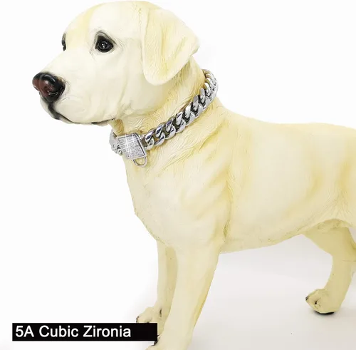 Vista 7 de Collar de cadena para perro con cierre de circonita cúbica de 0.551 pulgadas, acero inoxidable plateado, cadena cubana para mascotas (24 pulgadas)