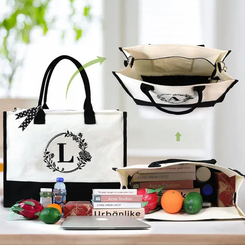 Vista 4 de BeeGreen Bolsa cruzada de lona con inicial con correa y cierre de cremallera, bolsas personalizadas para regalo de mujer