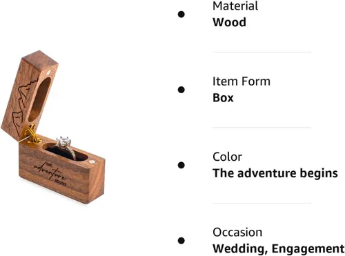 Vista 8 de Caja de anillo de compromiso de madera, pequeña funda plana delgada para propuesta, boda (comienza la aventura)