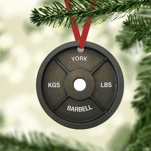 Vista 2 de York Barbell - Plato de peso para Navidad, adorno de entrenamiento atlético, regalo de levantamiento de pesas, adorno de árbol de Navidad