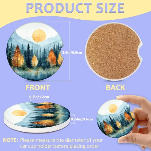 Vista 2 de Paquete de 2 posavasos para automóvil, posavasos abstractos de cerámica absorbente de bosque de montaña, posavasos para portavasos de automóvil