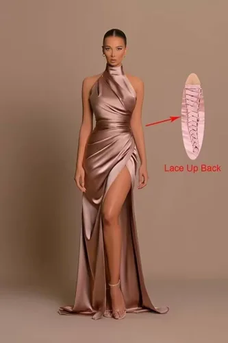Vista 2 de SUOLUOS Vestido de dama de honor con cuello halter de sirena, vestidos largos de satén para baile de graduación, vestido de fiesta de noche formal