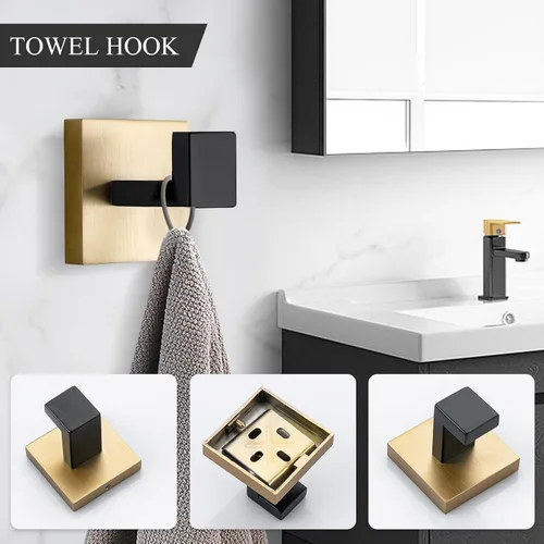 Vista 2 de TURS Juego de accesorios de baño de 3 piezas, soporte para toallas de mano negro y dorado, soporte para papel higiénico, gancho para toallas, juego