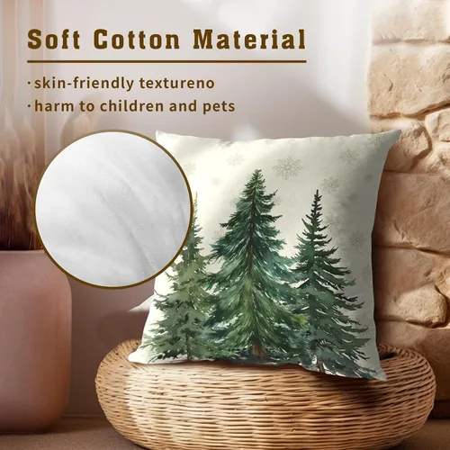 Vista 4 de Fundas de Almohada de Bosque de Pinos 22x22 Juego de 2, Fundas de Almohada Decorativas de Árboles de Abeto y Cedro Verde Nieve Beige de Invierno