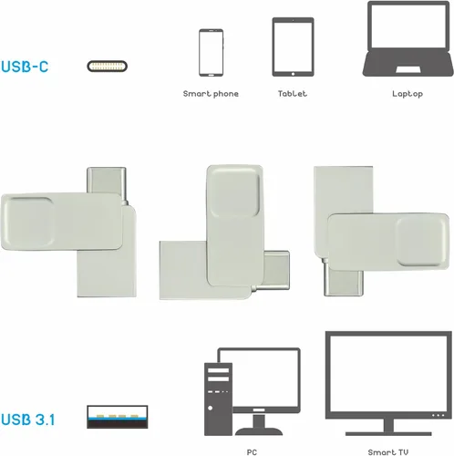 Vista 2 de 32GB Mini Dual USB A 3.1 y C Flash Key Drive OTG para PC/MacBook/Laptop/Tablet/Smartphone, Metal Silver U-Key