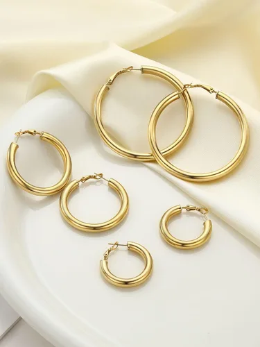 Vista 6 de Aretes de aro gruesos de acero inoxidable para mujer, minimalistas y elegantes, chapados en negrooro, aretes redondos hipoalergénicos, tamaño 1.181