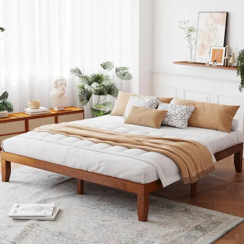 Vista 11 de Giantex Marco de Cama de Plataforma de Madera Individual de 14 Pulgadas, Base de Colchón Minimalista con Madera de Caucho Sólida, Soporte