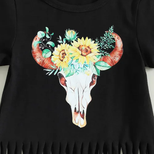 Vista 102 de fhutpw Conjunto de camiseta de manga corta con estampado de vaca y pantalones acampanados de dibujos animados para niñas