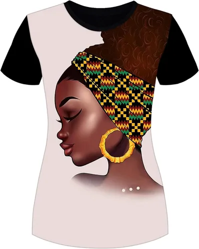 Vista 4 de Camisa para mujer con estampa 3D de mujer negra, con afro, pelo natural, camisa informal Negro-10