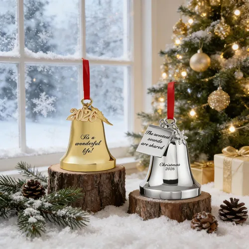 Vista 4 de JUPPE 2025 Campanas de Navidad Grabadas en Oro "Es una Maravillosa Vida" Adornos Colgantes para Árbol de Navidad Adornos de Boda y Aniversario