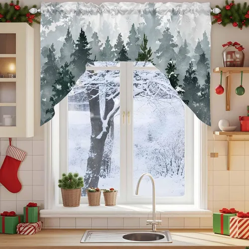 Vista 2 de Cortinas de cocina, cenefa con festón de Navidad, con bolsillo para barra, paneles de cortina para dormitorio, sala de estar, baño, cafetería
