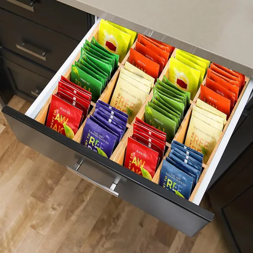 Vista 5 de Dicunoy Paquete de 2 organizadores de bolsas de té de bambú, almacenamiento de bolsas de té de madera para cajones con 6 compartimentos espaciosos