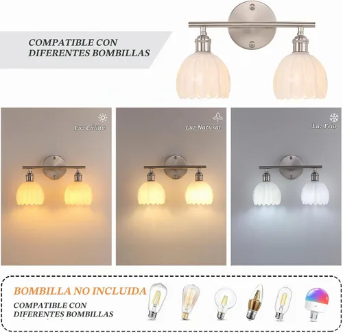 Vista 4 de Shenmoyl Lámparas de baño, lámpara de pared de 2 luces para tocador sobre espejo con pantalla de vidrio tulipán blanco para dormitorio, sala