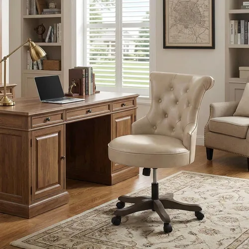Vista 15 de HUIMO Silla de oficina en casa, sillas de escritorio tapizadas sin brazos con ruedas, altura ajustable, silla de escritorio para computadora