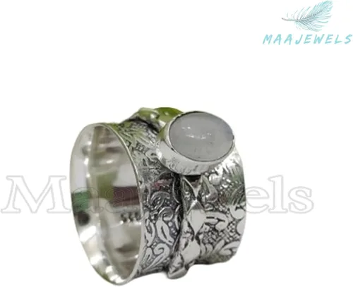 Vista 2 de Rainbow Moonstone Fidget Band Ring, 925 Sterling Silver, Handmade Anxiety Relief Spinner, Natural Gemstone Jewelry for Women, Thoughtful Gift