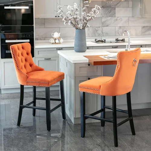 Vista 13 de Juego de 2 Sillas de Comedor, Modernos Taburetes de Bar Tapizados de Terciopelo con Decoración de Botones Capitoné y Patas de Madera, Ribete