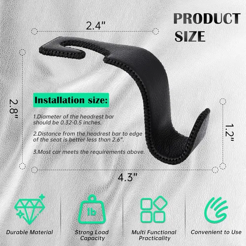 Vista 6 de Amooca - Gancho para reposacabezas de asiento de coche, organizador de almacenamiento universal para bolso de mano, abrigo, cuero con metal