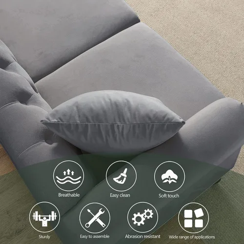 Vista 5 de Sofá Chesterfield de terciopelo gris de 79 pulgadas para sala de estar, 2 piezas, sofá de 3 plazas, con botones copetudos, respaldo curvado, brazos