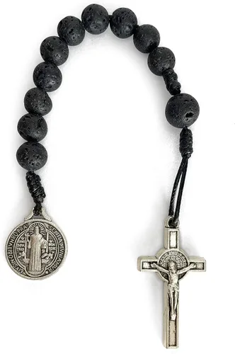 Vista 6 de Rosario de bolsillo de oración católica Medalla de San Benito Perlas de lava negra San Benito Tenner Estilo Abierto Rosario de una década, Zinc, No