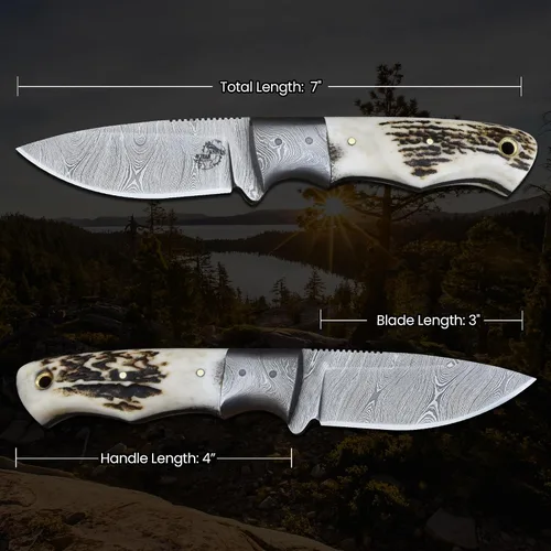 Vista 2 de Knives Ranch BIJOU - Cuchillo de caza EDC hecho a mano, acero de damasco, espiga completa, agarre de asta de ciervo, funda horizontal