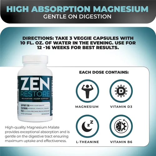 Vista 3 de Nutrology Zen Restore - 400 mg de malato de magnesio, vitamina D3 y L-teanina, apoya el sueño, la recuperación muscular y el bienestar suprarrenal