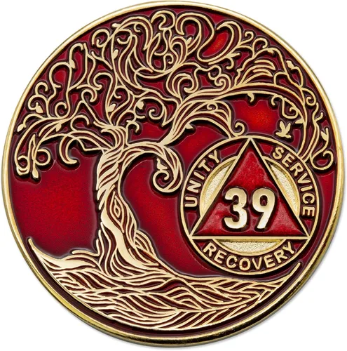 Vista 112 de 1 año Sobriety Mint Twisted Tree of Life Medallón de recuperación AA chapado en oro, chip/ficha - negro
