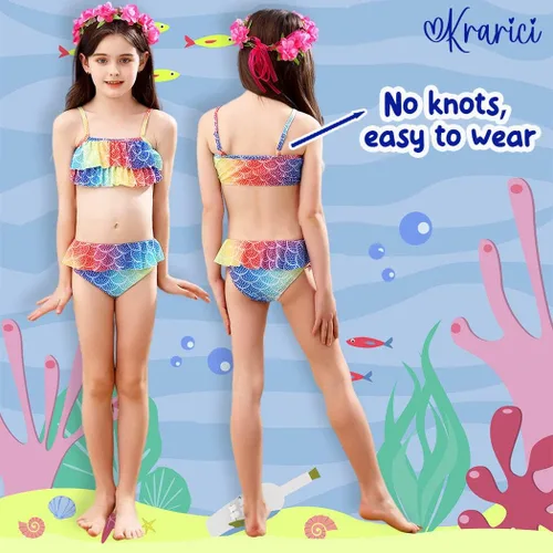 Vista 3 de Krarici Traje de baño de cola de sirena de 4 piezas, traje de baño de cola de natación, traje de cosplay para niñas y niños (sin monoaleta)