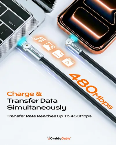 Vista 5 de chubbycable Chubby RotateX - Cable de carga rápida giratorio de 240 W, doble 180°, con luz LED, cable USB C de silicona suave, cable de carga extra
