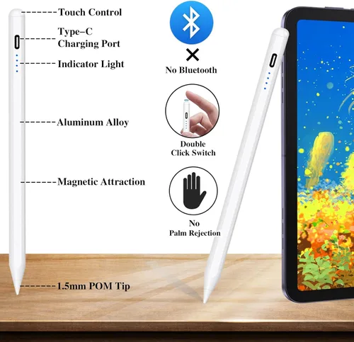 Vista 3 de Lápiz óptico activo para pantallas táctiles Pluma de tableta recargable Punta POM Lápiz magnético para iPad Stylus Pen para Blanco