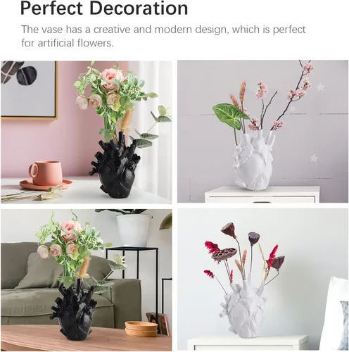 Vista 4 de MANMAOHE - Florero anatómico negro con forma de corazón para flores, esculturas de corazón, decoración del hogar, 4.3 x 6 pulgadas
