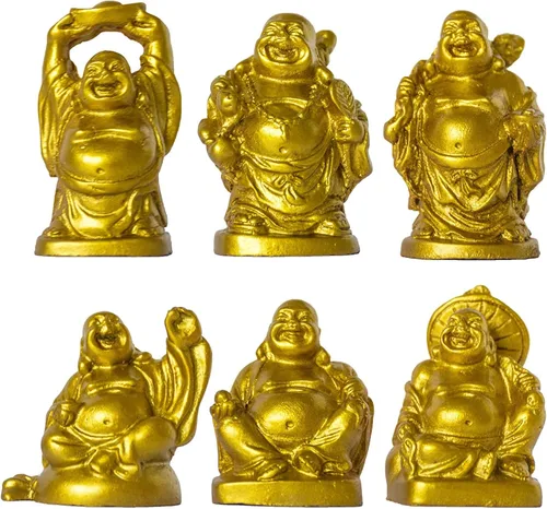 Vista 9 de Juego de 6 estatuas chinas de Buda de la suerte que ríe de resina, figuras de Buda feliz Feng Shui para la suerte, riqueza, buen regalo y colección