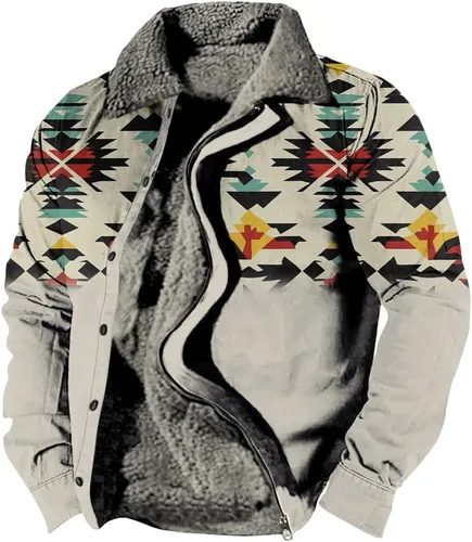 Vista 24 de LOAIHA Chaqueta de invierno para hombre, chaqueta azteca occidental para hombre, con cremallera, forro polar cálido, chaqueta vaquera, étnica vintage