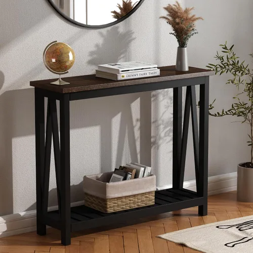 Vista 3 de ChooChoo Mesa de Consola para Entrada, Mesas de Sofá para Sala de Estar Estilo Granja, Mesa Estrecha para Pasillo y Vestíbulo con Estante, Negro
