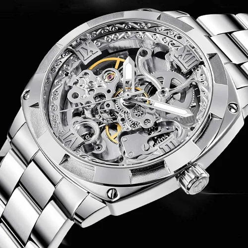 Vista 2 de Reloj esqueleto de pulsera automático estilo steampunk, manecillas luminosas de tono dorado, correa de cuero, 40mm, Plateado plateado