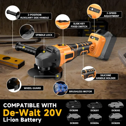 Vista 4 de Amoladora angular inalámbrica para batería Dewalt de 20 V, amoladora sin escobillas ajustable de 3 velocidades con hasta 8500 RPM, amoladora