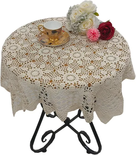 Vista 11 de USTIDE Mantel redondo de ganchillo de 70 pulgadas, superposiciones de mesa de encaje de algodón beige hecho a mano con diseño floral de ganchillo