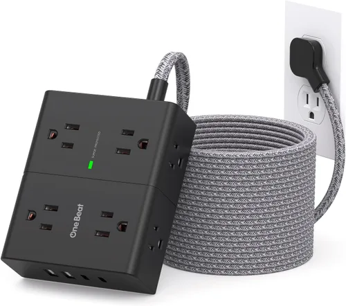 Vista 8 de One Beat Regleta protectora de sobretensiones, cable de extensión plano ultrafino de 6 pies con 8 tomas, 4 puertos USB (2 USB C), regleta
