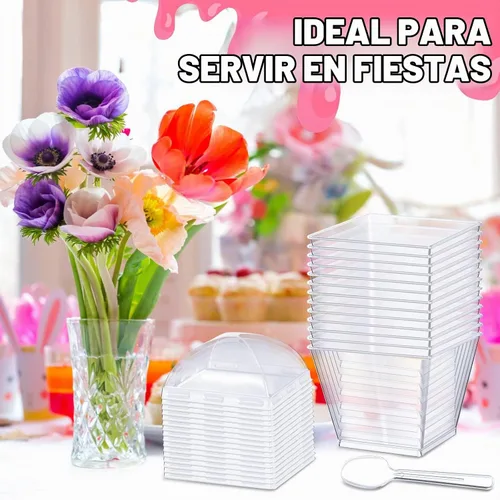 Vista 3 de Mimorou - 450 tazas de postre de 3 onzas con tapas y cucharas cuadradas Recipientes transparentes de parfait para pudín, yogur, helado, golosinas